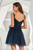 Navy backless kort cocktail kjole med appliques