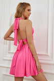 Fuchsia Halter Ryggløs Blonder Opp Homecoming Kjole