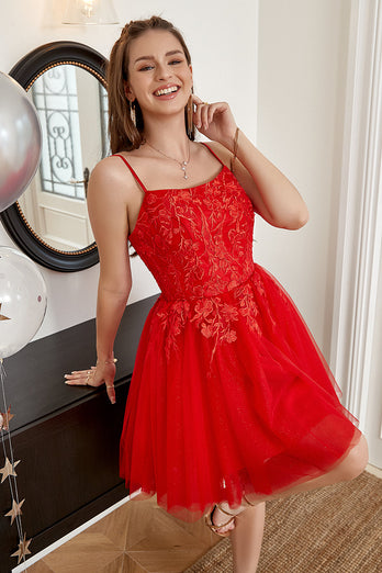 rød A-linje søt homecoming kjole med appliques