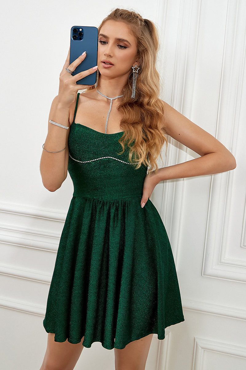 Load image into Gallery viewer, mørkegrønn spaghetti stropper A-line homecoming kjole
