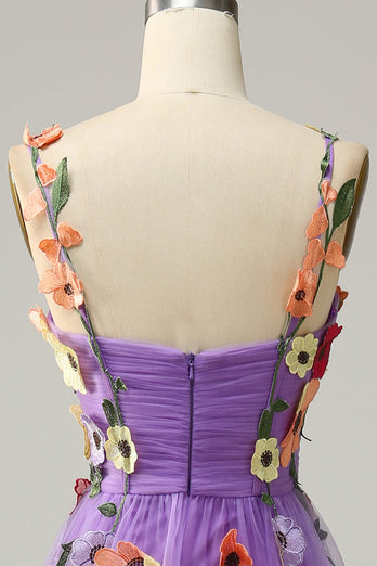 En linje lilla spaghetti stropper prom kjole med 3D-blomster
