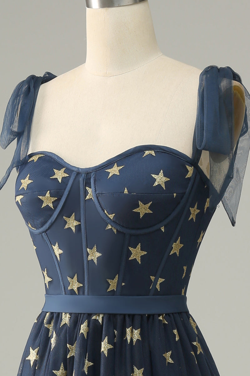 Load image into Gallery viewer, Navy Stars A-Line Tea-lengde Prom kjole med Bowknots