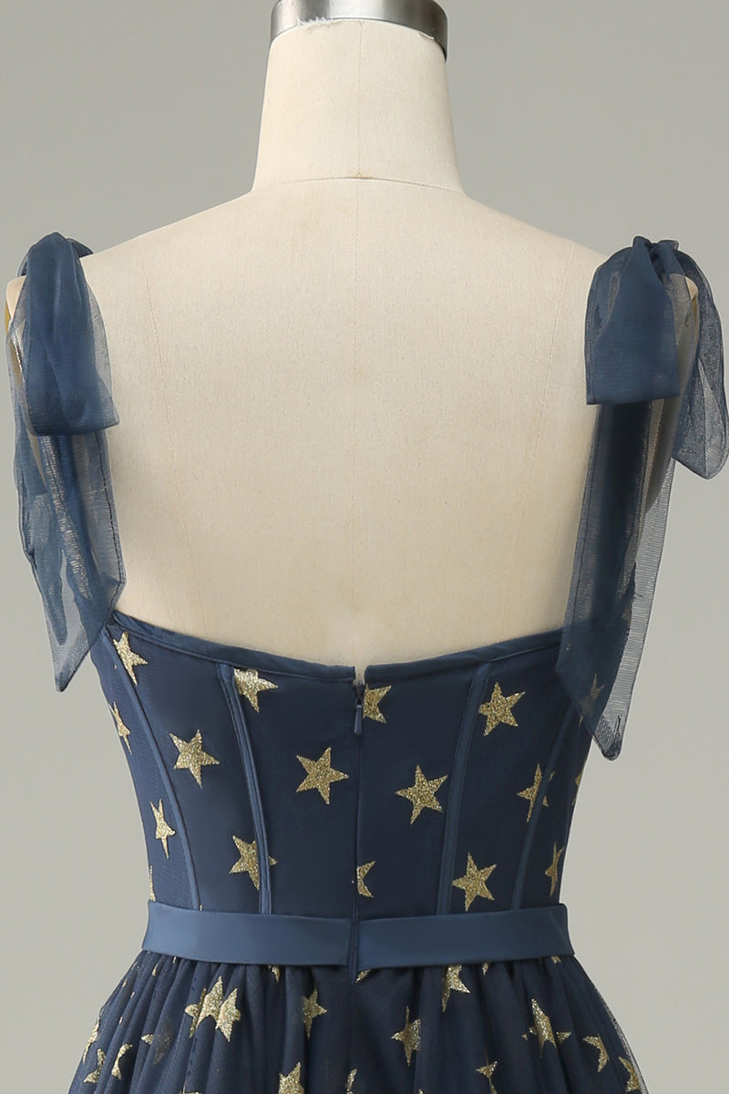 Load image into Gallery viewer, Navy Stars A-Line Tea-lengde Prom kjole med Bowknots
