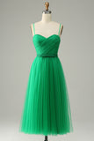 Green Tulle A-line Midi Prom kjole med volanger