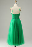 Green Tulle A-line Midi Prom kjole med volanger