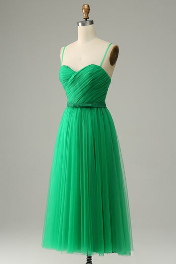 Green Tulle A-line Midi Prom kjole med volanger
