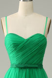 Green Tulle A-line Midi Prom kjole med volanger