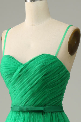 Green Tulle A-line Midi Prom kjole med volanger