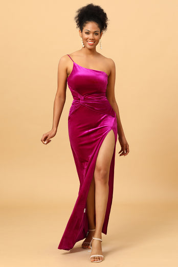En Shoulder Velvet Prom kjole med Slit