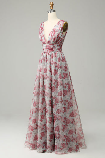 Grå og rosa floral lang brudepike kjole