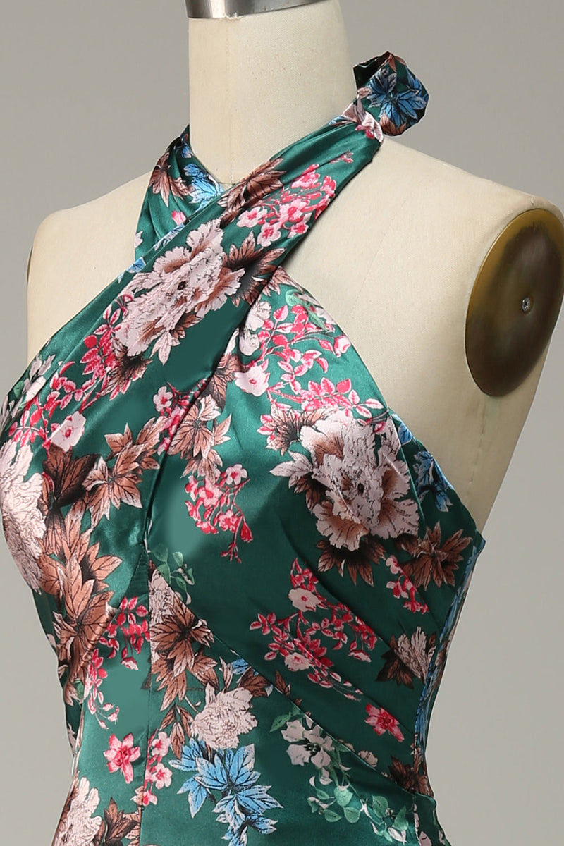 Load image into Gallery viewer, Flower Print Halter Satin Prom Kjole