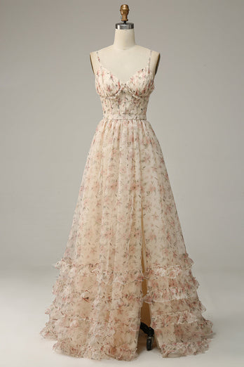 Aprikos A Line Print Prom kjole med spalte
