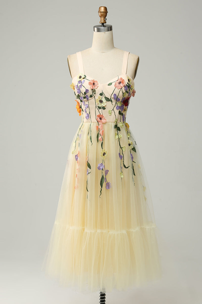 Load image into Gallery viewer, En linje Spaghetti stropper Champagne Tea Lengde Prom kjole med Appliques