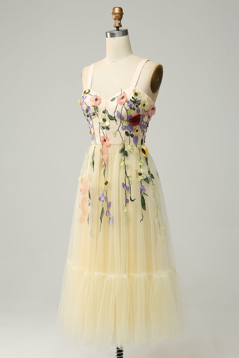 Load image into Gallery viewer, En linje Spaghetti stropper Champagne Tea Lengde Prom kjole med Appliques