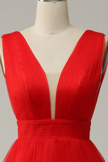 Rød A Line Deep V Neck Midi Prom kjole med åpen rygg