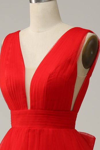Rød A Line Deep V Neck Midi Prom kjole med åpen rygg