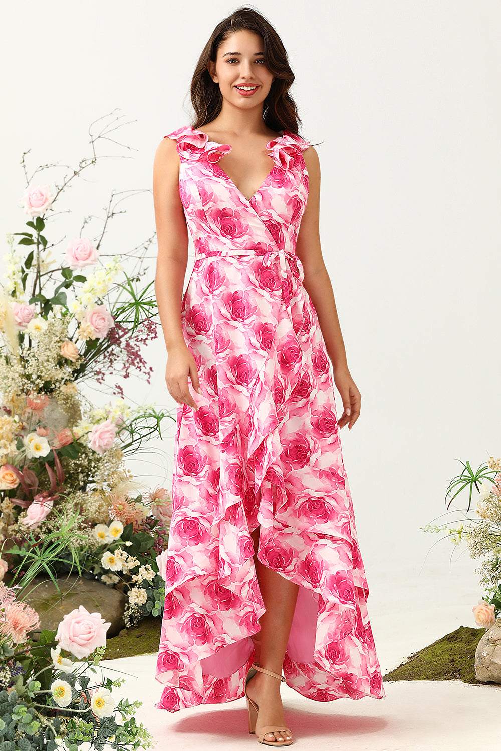 A Line V Neck Pink Flower Trykt Long brudepike kjole med Ruffles