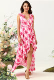 A Line V Neck Pink Flower Trykt Long brudepike kjole med Ruffles