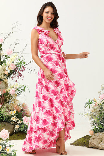 A Line V Neck Pink Flower Trykt Long brudepike kjole med Ruffles