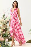 A Line V Neck Pink Flower Trykt Long brudepike kjole med Ruffles