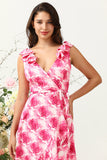 A Line V Neck Pink Flower Trykt Long brudepike kjole med Ruffles