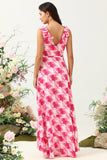 A Line V Neck Pink Flower Trykt Long brudepike kjole med Ruffles