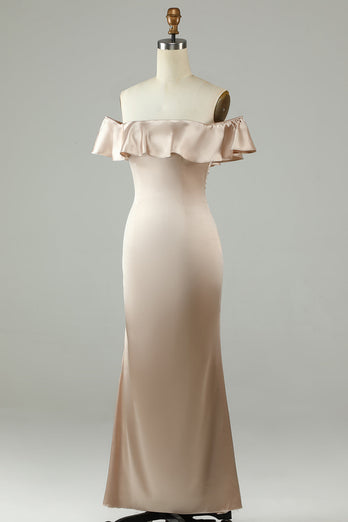 Ankel-lengde av skulderen Champagne Long brudepike kjole med volanger