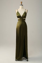 Spaghetti stropper Cut Out Olive Long brudepike kjole med Slit