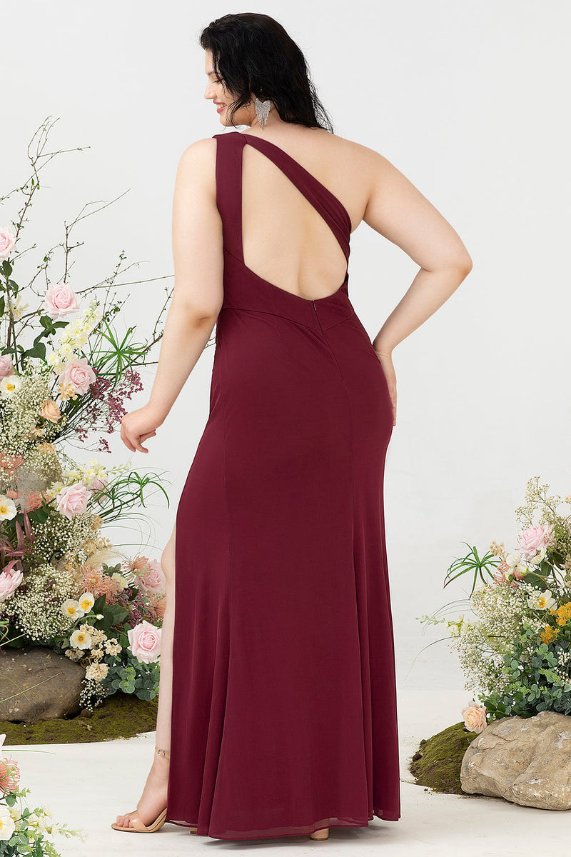 Load image into Gallery viewer, Havfrue One Shoulder Desert Rose Plus Size Bryllup Guest kjole med Slit