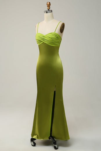 Skjede Spaghetti stropper Sitron Grønn brudepike kjole med silt