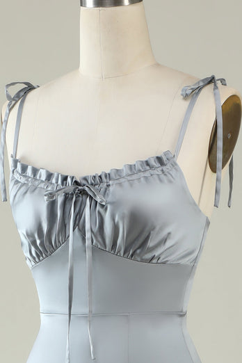 Spaghetti stropper sateng grå brudepike kjole med Slit