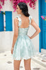 Load image into Gallery viewer, Cute A Line Spaghetti stropper Blå trykt Kort Homecoming Dress