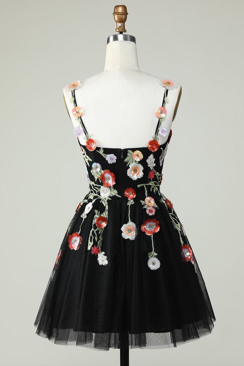 Load image into Gallery viewer, Spaghetti stropper svart A Line Sequin Blomster Homecoming Dress