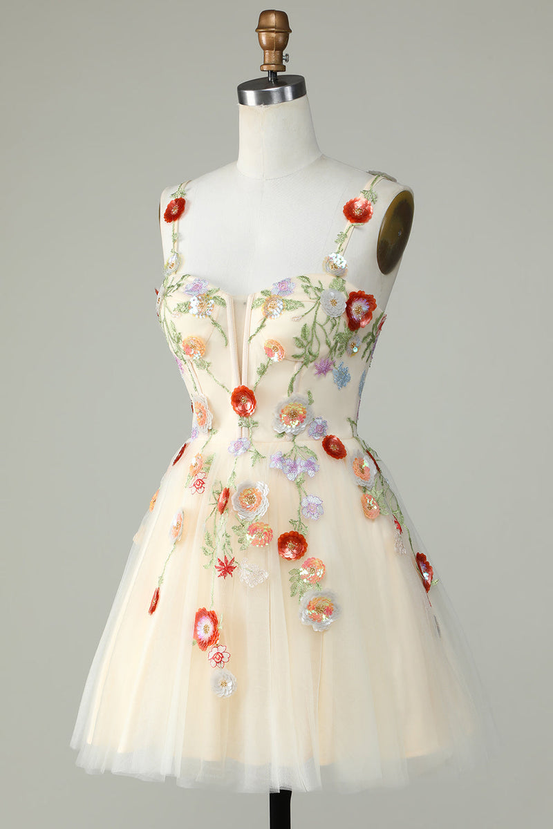 Load image into Gallery viewer, Spaghetti stropper svart A Line Sequin Blomster Homecoming Dress