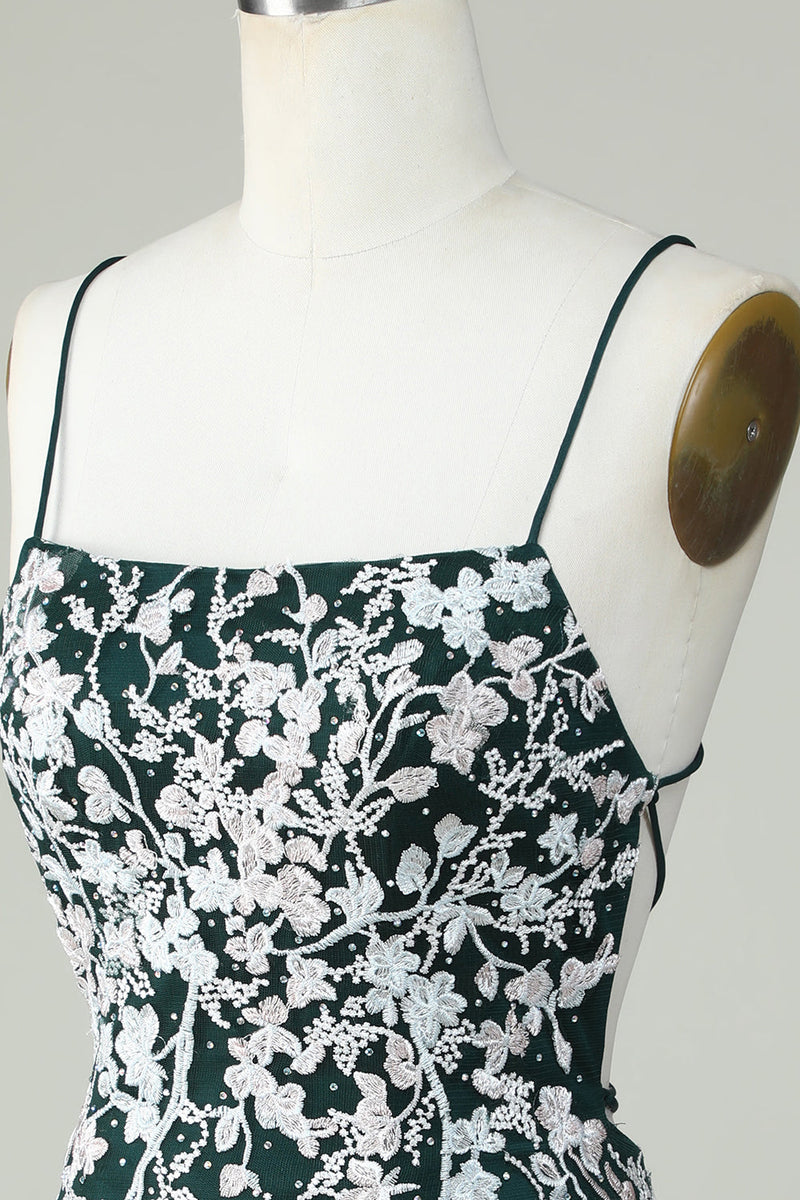 Load image into Gallery viewer, Mørkegrønne spaghettistropper Bodycon Homecoming kjole med applikasjoner