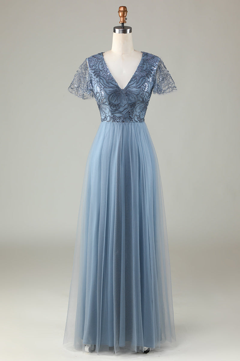 Load image into Gallery viewer, A-Line Støvete Blå brudepike kjole med perler