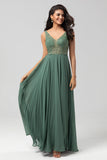 Selvsikker karismatisk A Line V Neck Eucalyptus Long Bridesmaid Dress with Beading