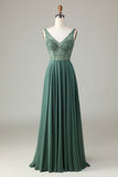 A-Line Beaded Eucalyptus Long Bridesmaid Dress