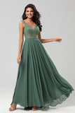 Selvsikker karismatisk A Line V Neck Eucalyptus Long Bridesmaid Dress with Beading