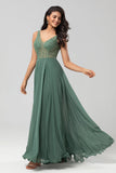 Selvsikker karismatisk A Line V Neck Eucalyptus Long Bridesmaid Dress with Beading