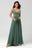 Selvsikker karismatisk A Line V Neck Eucalyptus Long Bridesmaid Dress with Beading