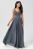 Selvsikker karismatisk A Line V Neck Eucalyptus Long Bridesmaid Dress with Beading