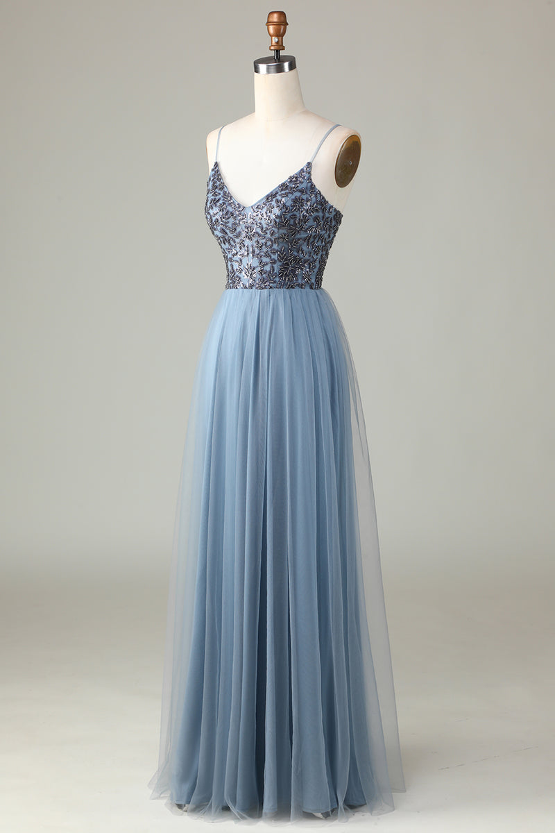 Load image into Gallery viewer, Beaded Spaghetti stropper støvete blå brudepike kjole
