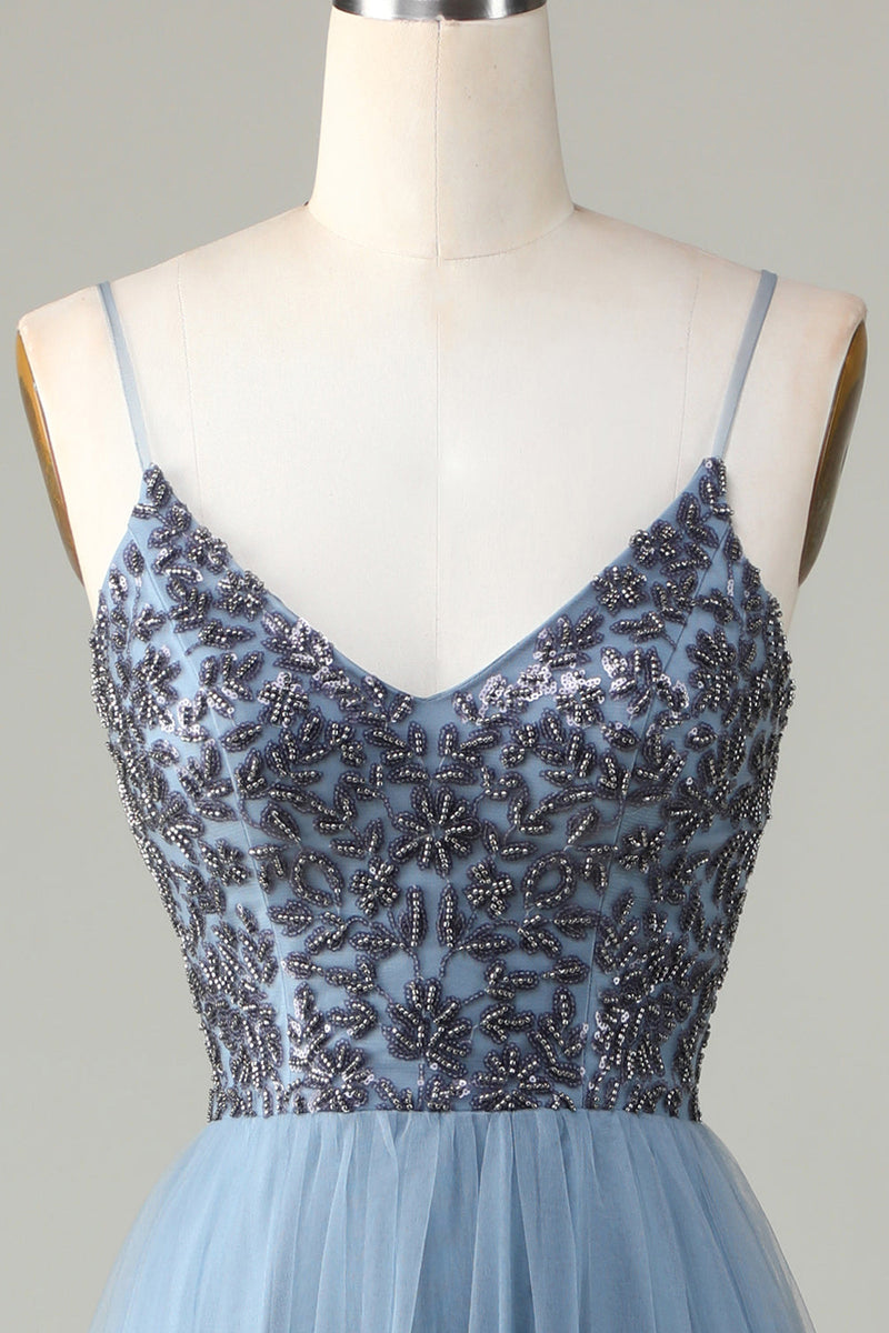 Load image into Gallery viewer, Beaded Spaghetti stropper støvete blå brudepike kjole