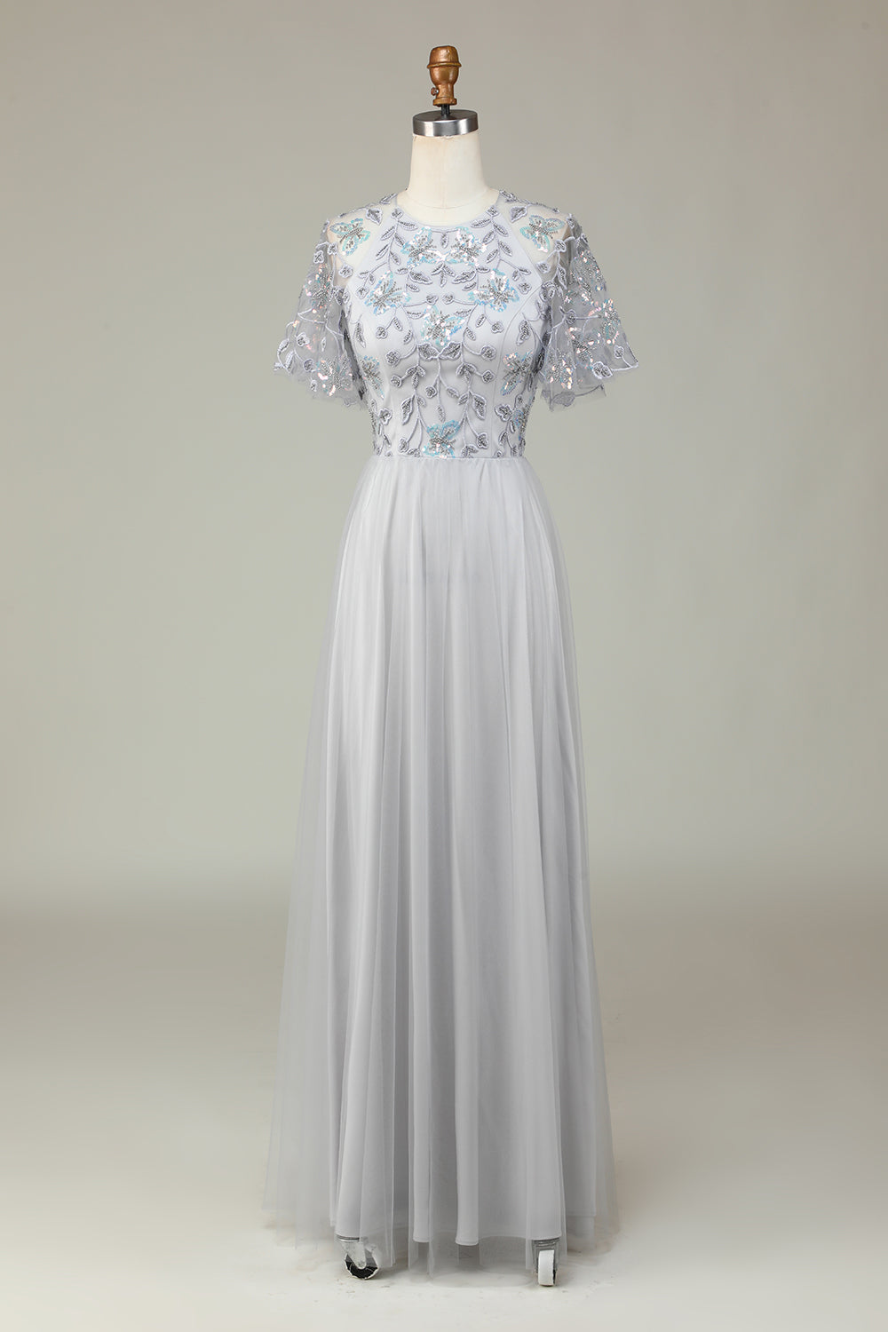 A-Line Tylle Beaded Long Grey brudepike kjole med Appliques