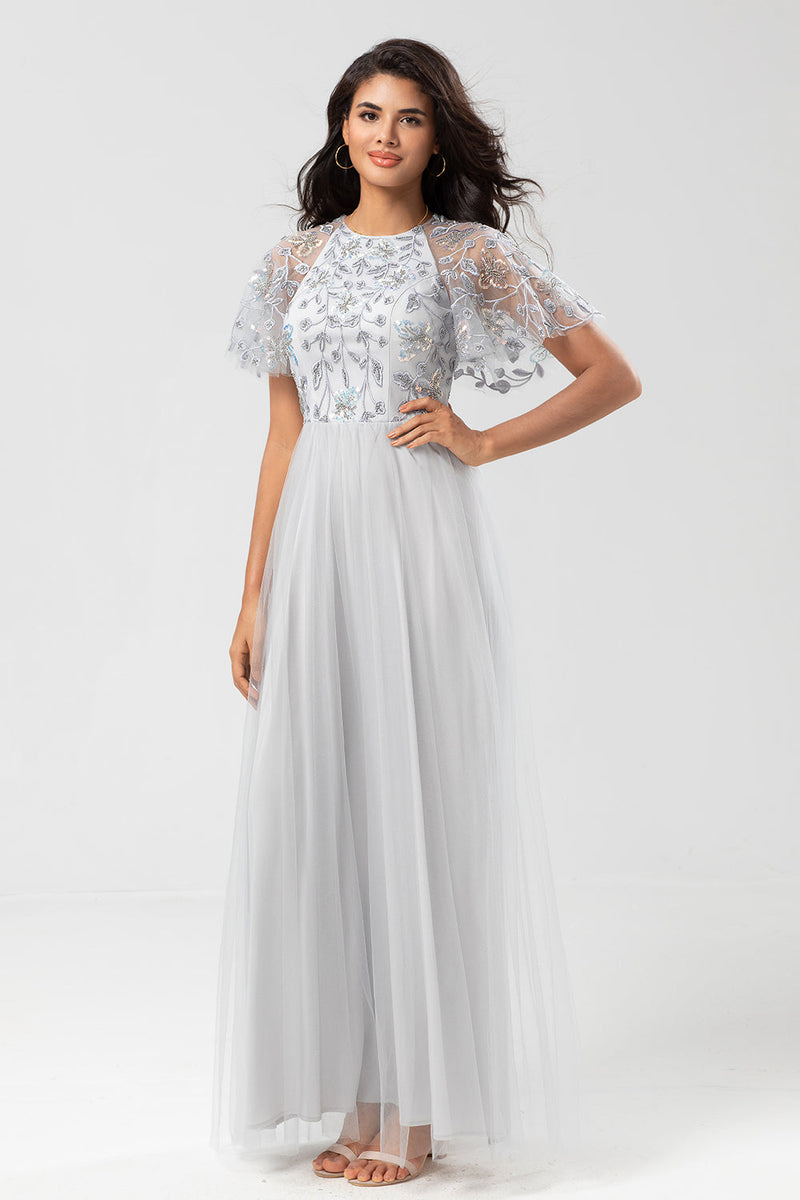 Load image into Gallery viewer, Klassisk Eleganse A-Line Jewel Neck Grey Long Bridesmaid Dress med korte ermer