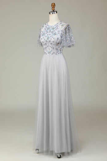 A-Line Tylle Beaded Long Grey brudepike kjole med Appliques