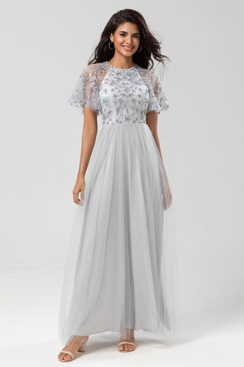 Klassisk Eleganse A-Line Jewel Neck Grey Long Bridesmaid Dress med korte ermer