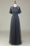 A-Line Tylle Beaded Long Grey brudepike kjole med Appliques