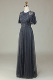 A-Line Tylle Beaded Long Grey brudepike kjole med Appliques